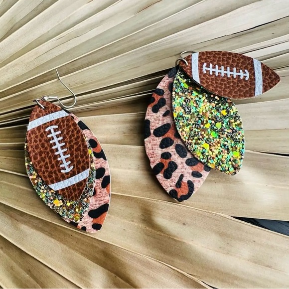🏈 New! Layered Leopard Glitter PU Leather Football Dangle Earrings - Picture 4 of 7